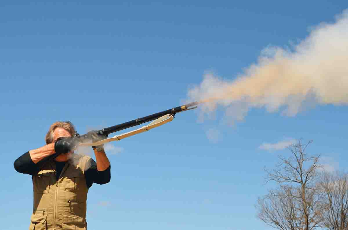 Terry with his Enfield P-1853. British troops were trained to shoot at long range in the position we now call “offhand.” With the Enfield, volley fire against troops of cavalry and batteries of artillery was astonishingly successful. (Photo courtesy of Burt Reynolds.)